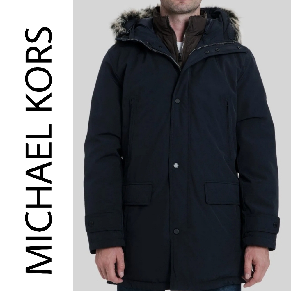 MICHAEL KORS Men's Hooded Jacket Blue Size LT Big & Tall Faux-Fur Parka $425